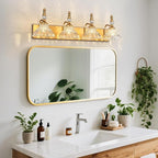 Vintage Bathroom Vanity Light, 4-Light Brass Vanity Lighting Fixture with Flower Glass Shade, Bathroom Lighting Fixtures Over Mirror