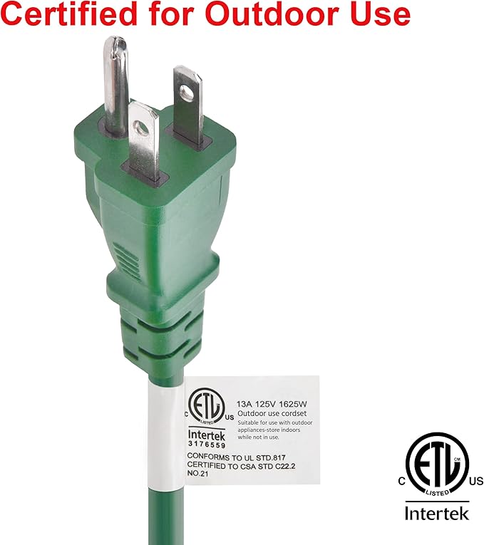 Clear Power 25ft 16/3 SJTW Green Landscape Extension Cord w/3 Inline outlets & Outlet Covers, for Christmas Lights and Holiday Decorations, CP10225