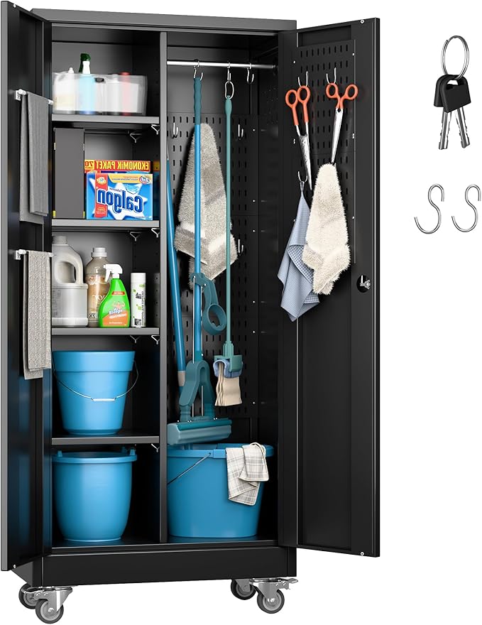 Garage Storage Cabinet with Wheels and 5 Pegboard, Broom Closet Storage Cabinet with Hanging Rod and 13 Hooks, Metal Cabinets with Locking Doors and 4 Shelves, 61.7"H x 27.6"W x 13.8"D,Black