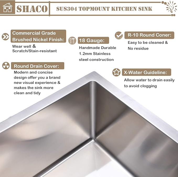 SHACO 25x22 Inch Drop In Kitchen Sink, Top Mount 16 Gauge 304 Stainless Steel 25 Inch Drop In RV Laundry Utility Sink, Brushed Nickel Single Bowl Sink Topmount Overmount Sinks with Drain