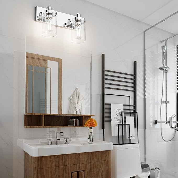 Aipsun Bathroom Vanity Lighting Fixtures Chrome Vanity Light 2 Light Stainless Steel Bathroom Light with Clear Glass Shade(Exclude Bulb)