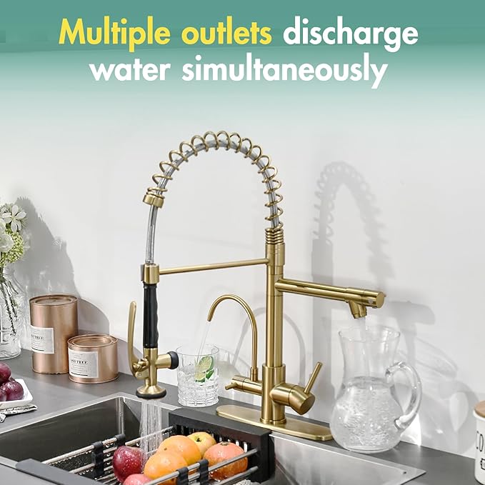 Fapully Brushed Gold Commercial Kitchen Faucet with Pull Down Sprayer and Water Filter,3 in 1 Kitchen Faucets with Drinking Water Faucet
