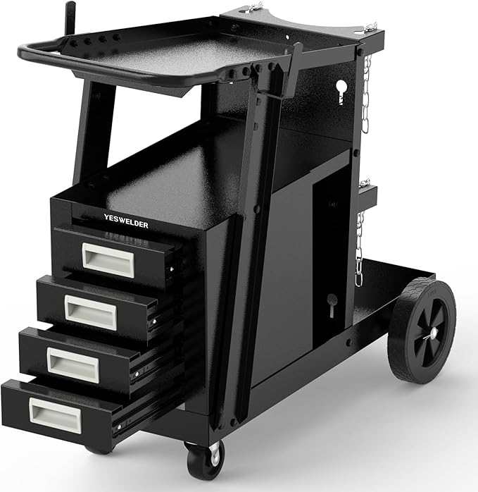 YESWELDER Welding Cart with 4 Drawers for MIG Welder TIG Welder and Plasma Cutter, Heavy Duty Large Storage 360° Rolling Welding Trolley