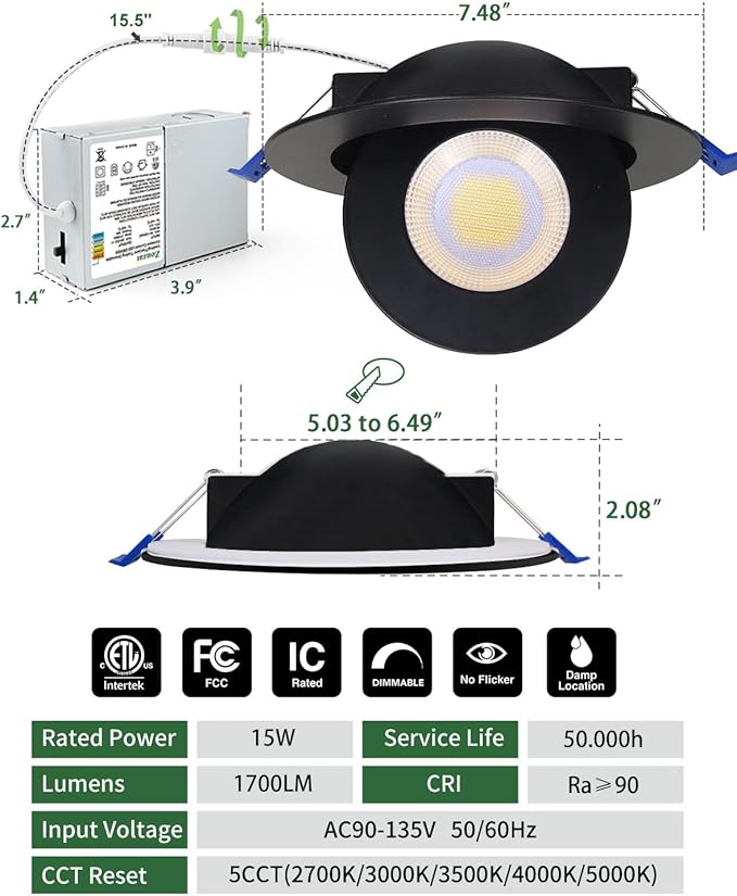 zouzai 6 inch 5CCT Gimbal Black Led Recessed Lights, 360°+90° Adjustable Directional Recessed Lighting, 2700K-5000K Dimmable Retrofit Eyeball Can Lights with Jbox, ETL&Energy Star(Black,6 Pack)