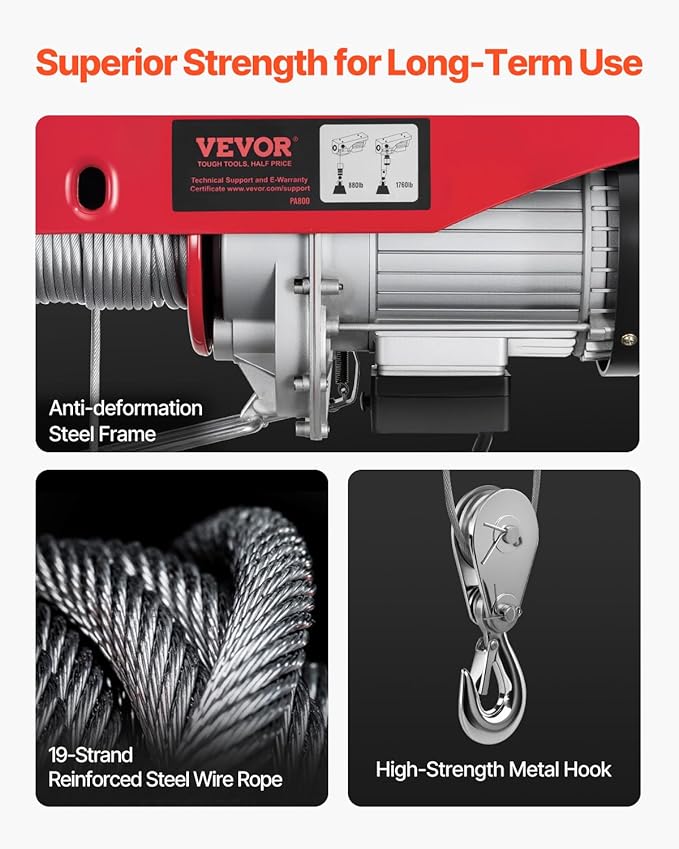 VEVOR Electric Hoist, 1760 lbs 120V Electric Winch with 328 ft Wireless Remote Control, 40 ft Single Cable Lifting Height, Single/Double Slings, Emergency Stop, Lift Hoist for Garage Warehouse Factory