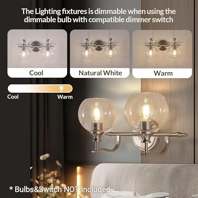 ANDY STAR Brushed Nickel Bathroom Light Fixture, 2 Light Bathroom Vanity Light, Farmhouse Silver Wall Sconce, Anti-Rust Wall Lamp with Sturdy Metal Lamp Body for Bedroom, Living Room, Restroom