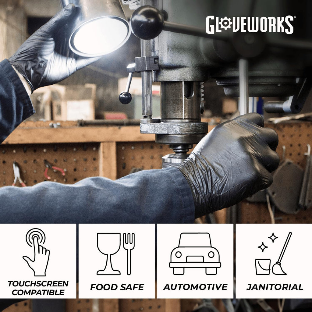 GLOVEWORKS Black Nitrile Gloves Disposable Latex Free, 5 Mil Industrial, For Mechanic, Cleaning, Cooking, Kitchen, Food Grade