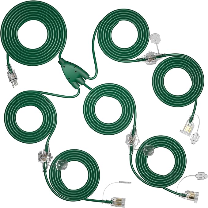 addlon 50FT Christmas Outdoor Extension Cord with Multiple Outlets, 1 to 3 Splitter with 6 Outlets, 16/3 SJTW Weatherproof Power Cable for for Outdoor Lights and Holiday Decorations, ETL Listed, Green