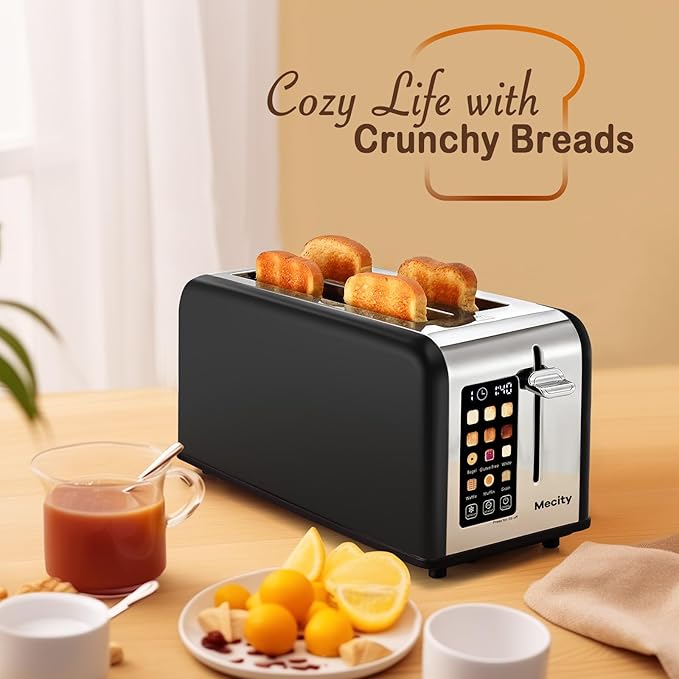 Mecity 4 Slice Toaster with Touchscreen Long Slot, Stainless Steel Smart Bread Toaster for Bagel Muffin Waffle Gluten Free Breads, Timer, Defrost, Reheat, 120V 1400W