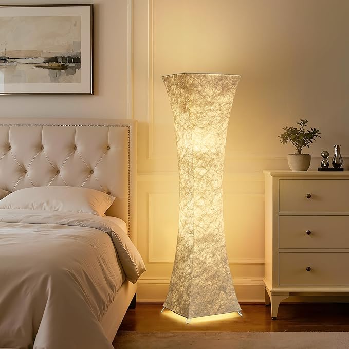 GyroVu Floor Lamp for Living Room, 47“ 3-Color Temperature Standing Corner Floor Lamps, Modern Column Floor Light with White Fabric Shade for Bedroom, Home Office, Kids Room, 2 Bulbs Include