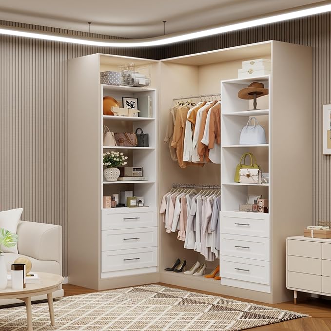 Closet System with Drawers, Wood Closet Organizer System with Adjustable Shelves and Extra Hanging Rod, 81"Tall Closet System for Small Closets, Modular Walk-in Closet System, White (2FT)