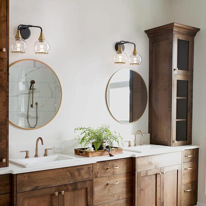 Black and Gold Bathroom Light Fixtures 2-Lights Vanity Lights with Clear Glass Shade Bathroom Vanity Light 14 Inch Wall Sconces(Exclude E26 Bulb)…