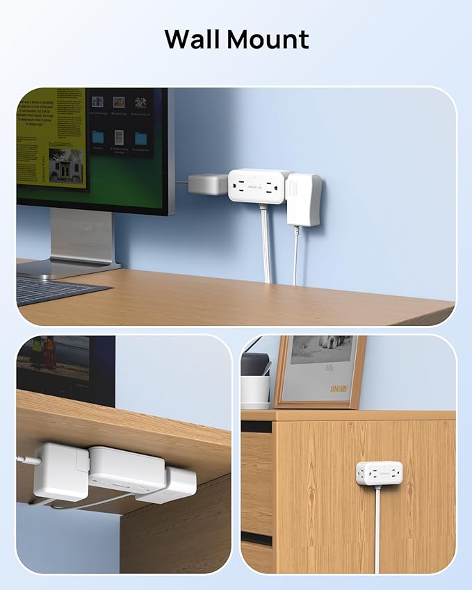 TROND 360° Rotating Plug 3FT Extension Cord, 4 Widely Spaced AC Outlets, Flat Plug Surge Protector, Wall Mount, Surge Protection Power Strip for Travel Kitchen Dorm Room Essentials, White