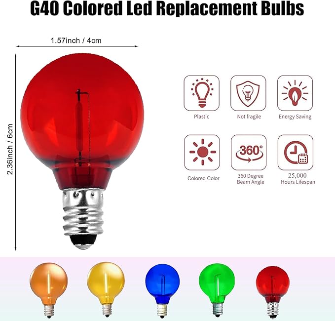 10 Pack G40 Red Led Replacement Bulbs,E12/C7 Candelabra Base,1 Watt Shatterproof Colored Bulbs for Christmas Halloween Outdoor Indoor Decor (Red)