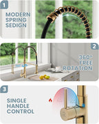 Kitchen Faucet, Brushed Gold Faucet for Kitchen Sink, Kitchen Sink Faucet with Pull Down Sprayer, Single Handle Stainless Steel Kitchen Faucets with Dual Function Spray Head