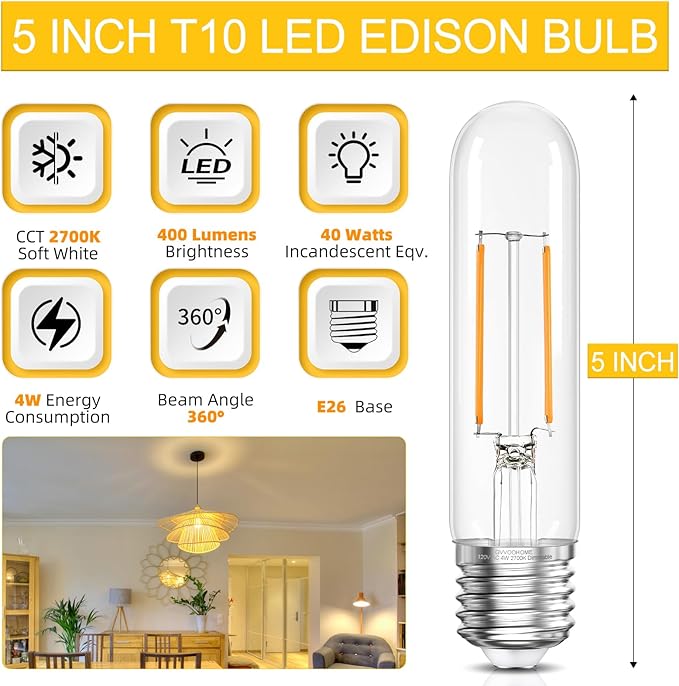 Tubular LED Edison Bulb Dimmable 2700K Warm White, 4W, 40 watt Equivalent, E26 LED Light Bulbs, T10 Edison Bulbs for Chandeliers, Ceiling Fan, 90+CRI 400LM, 6 Pack