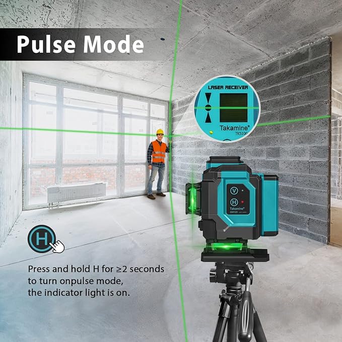 Takamine 3x360° 12 Lines Self Leveling Floor Green Laser Level, Laser Level for Construction/Picture Hanging/Floor/Tile with Remote Controller, Magnetic Rotating Stand and Type-C Charger