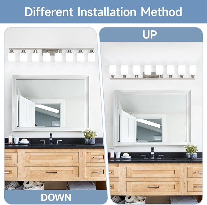 8-Light Bathroom Vanity Light,Brushed Nickel Vanity Lights with Square Frosted Glass,Modern Wall Lights Fixtures Over Mirror,Wall Sconces Lighting for Bedroom Living Room,E26