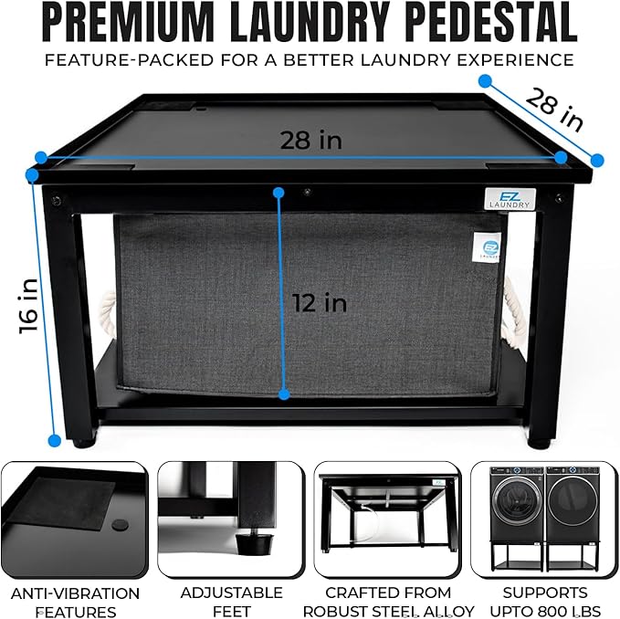 Washer and Dryer Pedestals - 28" W, 16" H, Black Steel Universal Fit with Major Brands, Leak-Proof Laundry Pedestal with Drain Pan & Hose, Washer and Dryer Stand for Back Pain Relief, 800 lbs Capacity