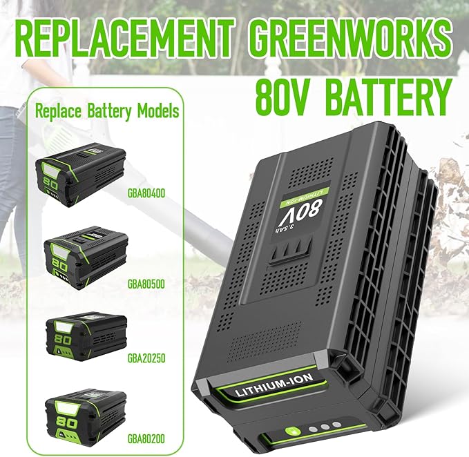 2 Packs 80V 3.5Ah Lithium Battery Replace for Greenworks 80V Battery GBA80400 GBA80250 GBA80200, 3500mAh High Capacity, Fit for Greenworks 80 Volt Power Tools PW80L420 TL80L00 LMB407