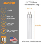 Sunlite 21-Inch F13T5/CW T5 Linear Fluorescent Lamp, 13 Watts, 850 Lumens, 4100K Cool White, Miniature G5 Bi-Pin Base, ROHS Compliant, High Performance Straight Tube, 10 Pack