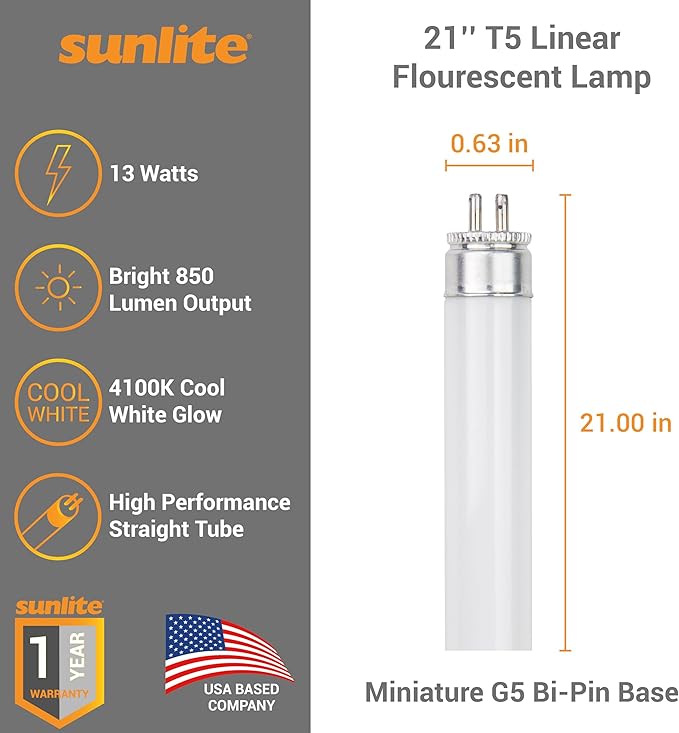 Sunlite 21-Inch F13T5/CW T5 Linear Fluorescent Lamp, 13 Watts, 850 Lumens, 4100K Cool White, Miniature G5 Bi-Pin Base, ROHS Compliant, High Performance Straight Tube, 10 Pack