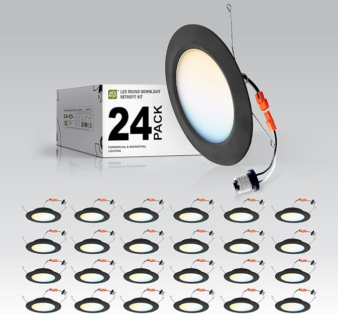 ASD Flat Trim Retrofit LED Recessed Lighting 6 Inch | Ultra Thin Black 12W 971LM Wet Rated Dimmable Downlights | 2700K-5000K Adjustable LED Recessed Light Fixtures | Disk Can Lights, ETL 24 Pack