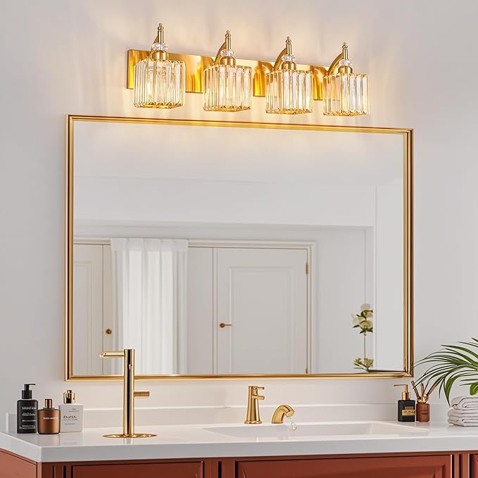Crystal Vanity Lights Gold 4 Light Bathroom Light Fixtures Over Mirror Modern Vanity Light for Bathroom