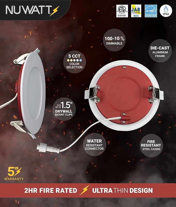 NUWATT 2 Hour Fire Rated Recessed Lighting 4 Inch Wafer LED Lights, 2700K/3000K/3500K/4000K/5000K Selectable, 12W, Dimmable 900LM, Wet & IC Rated, 90 CRI Canless Light, ETL, No Tenmat Needed, 6 Pack