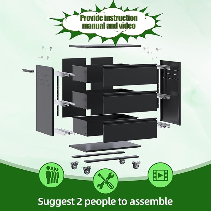 Garage Storage Cabinet with Wheels and Pegboard, Metal Rolling Tool Storage Cabinet with 3 Drawers for Garage, Home, Warehouse, Basement, Assembly Required, Black