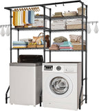VEVOR Over The Washer and Dryer Storage Shelf, 6 Tier Laundry Room Drying Rack with Hanger Rod and Hooks, Adjustable Over Washer and Dryer Shelves, Laundry Room Shelf Storage Space Saver, Black