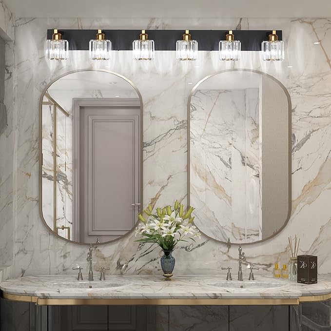 Aipsun Bathroom Light Fixtures Crystal Vanity Light Black and Gold 6 Lights Vanity Lighting Fixtures (Exclude Bulb)