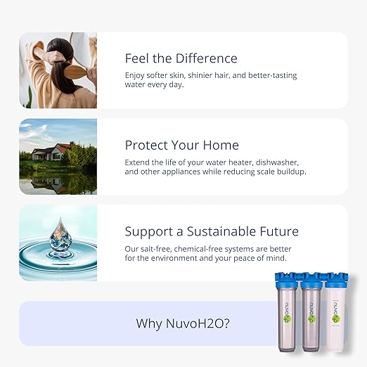NuvoH2O Advanced 3-Stage Citrus, Salt-Free Water Filter System + Water Softener with Chloramine and Sediment Filtration – Healthy & Pure Water – Removes Hard Water Build Up (Whole Home Trio System)