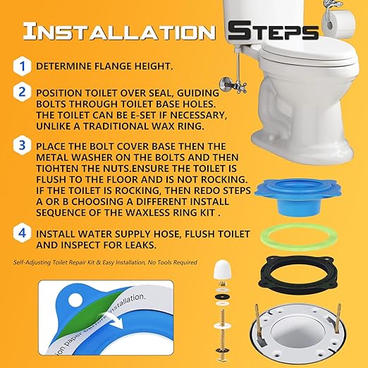 Toilet Flange Repair Kit with Wax-Free Seal – Extra-Long 3.22” Brass Bolts, Dual Spacers & Complete Hardware, Bonus 16” Stainless Steel Hose – Universal Toilet Seal Replacement Kit for 3”/4” Drains