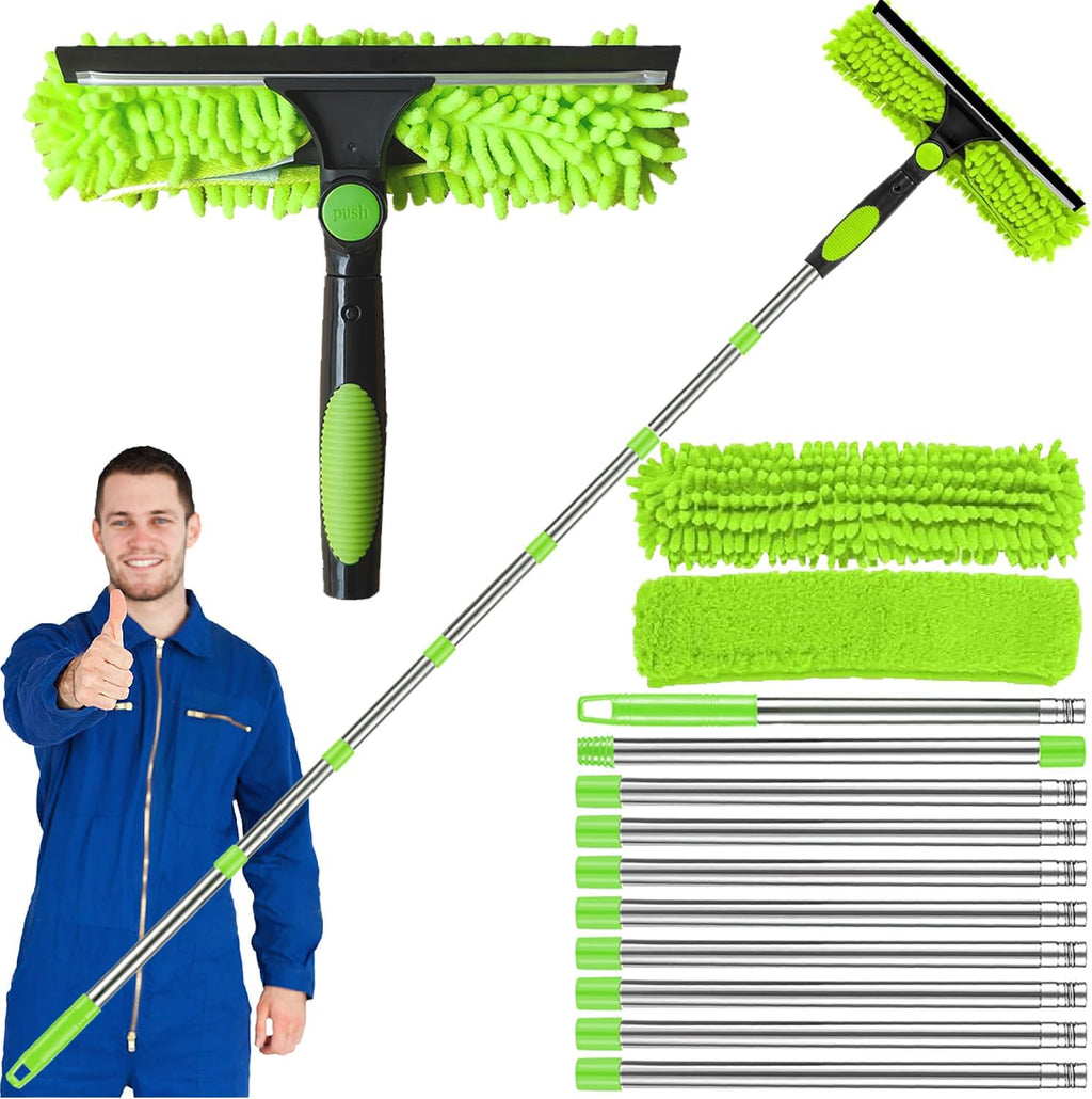 4.5M/14.7ft Window Cleaning Squeegee Tools, 3-in-1 Window Washing Kit with 10 Extension Pole, 2 Microfiber Cloth Brush & Squeegee, Telescopic Window Cleaner Tool for High Window, Car Glass