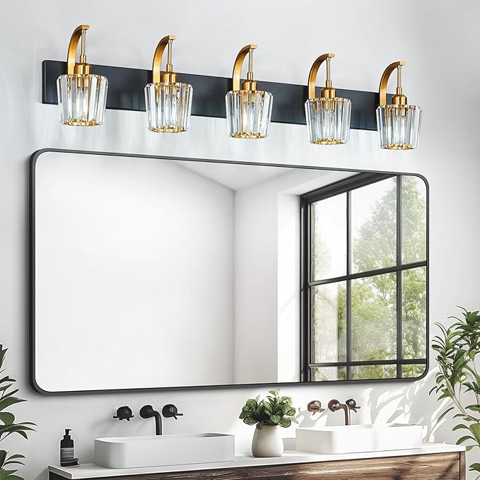 Modern Bathroom Vanity Light, 5-Light Black Gold Wall Sconce with Crystal Accents, Over Mirror Bathroom Lighting Fixture, 42.52" Long Dimmable Vanity Lamp for Makeup, Easy Installation