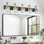 Modern Bathroom Vanity Light, 5-Light Black Gold Wall Sconce with Crystal Accents, Over Mirror Bathroom Lighting Fixture, 42.52" Long Dimmable Vanity Lamp for Makeup, Easy Installation