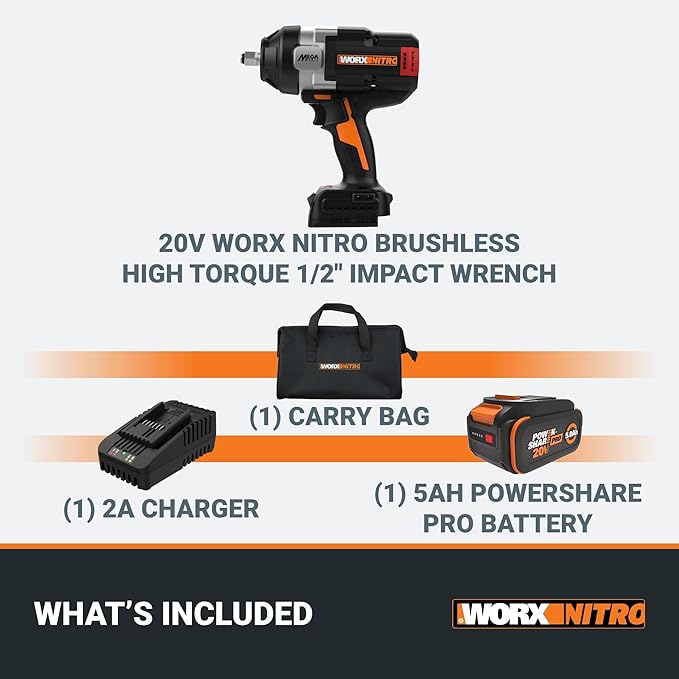 WORX Nitro 20V Brushless High Torque 1/2" Cordless Impact Wrench 1400 FT/LBS, Battery Impact Wrench with Constant Torque System, Compact Impact Wrench with Auto Mode – Battery & Charger Included