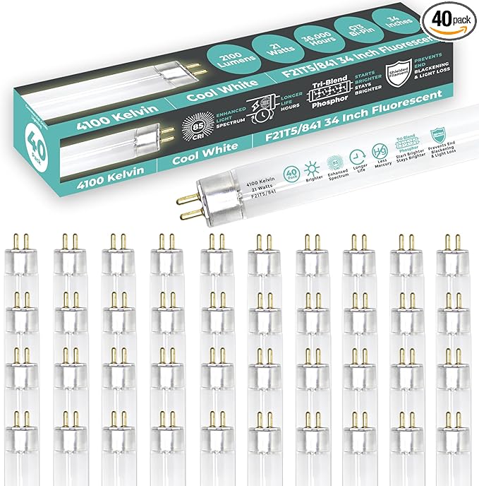 GoodBulb 21-Watt 34 Inch T5 Fluorescent Light Bulb 4100K Cool White Color Medium Bi-Pin Base 2100 Lumens 85 CRI 36000 Life Hours Instant/Programmed Start Pack of 40 Bulbs