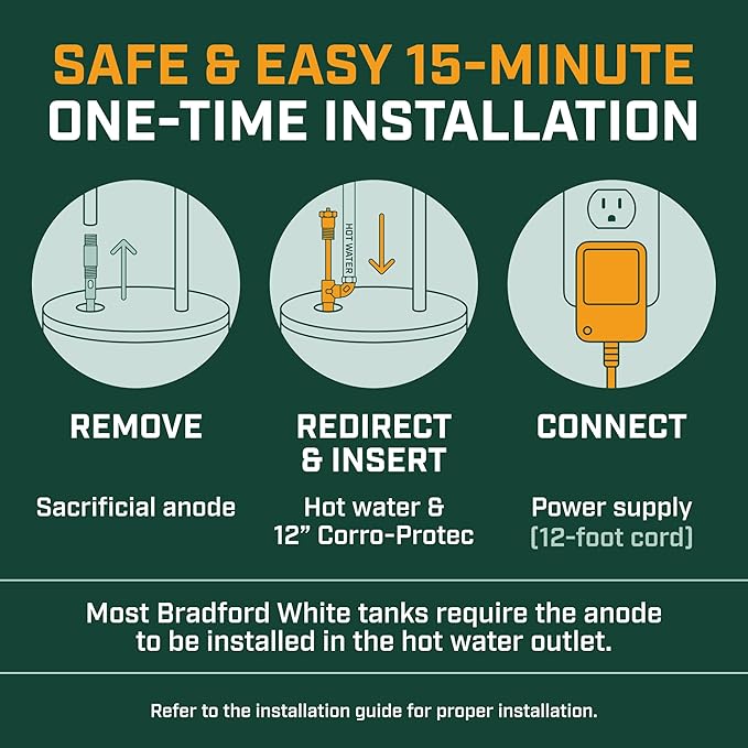 Corro-Protec Powered Anode Rod for Bradford White Water Heater and Hot Water Outlet Installation, Eliminates Rotten Egg/Sulfur Smell within 24 hours and Stops Corrosion Inside Tank, 20-Year Warranty