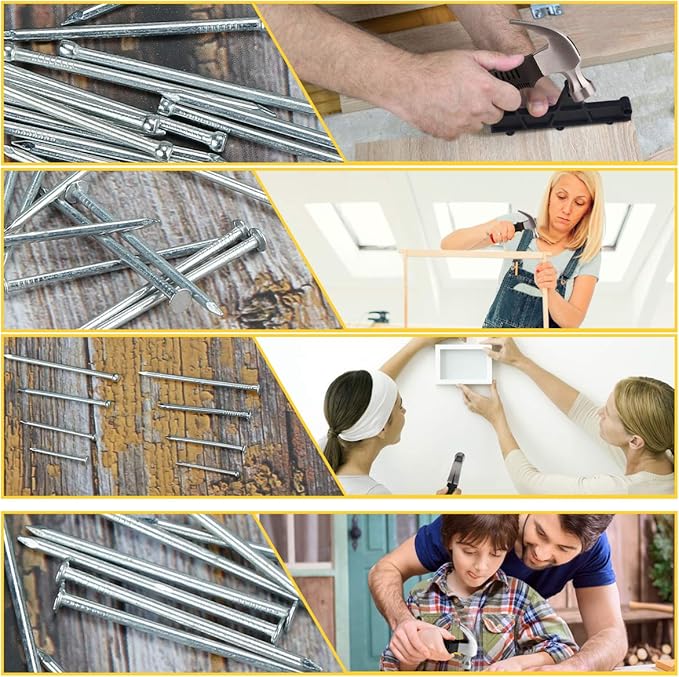 KURUI 700PCs Nails Assortment Kit & 8oz Hammer, Small Hammer for Hanging Wall Art Decor, Picture Frame, 350 Roofing/Wall Nails & 350 Finishing Nail
