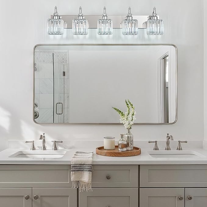 Crystal Vanity Lights Chrome 5 Light Bathroom Light Fixtures Over Mirror Modern Vanity Light for Bathroom