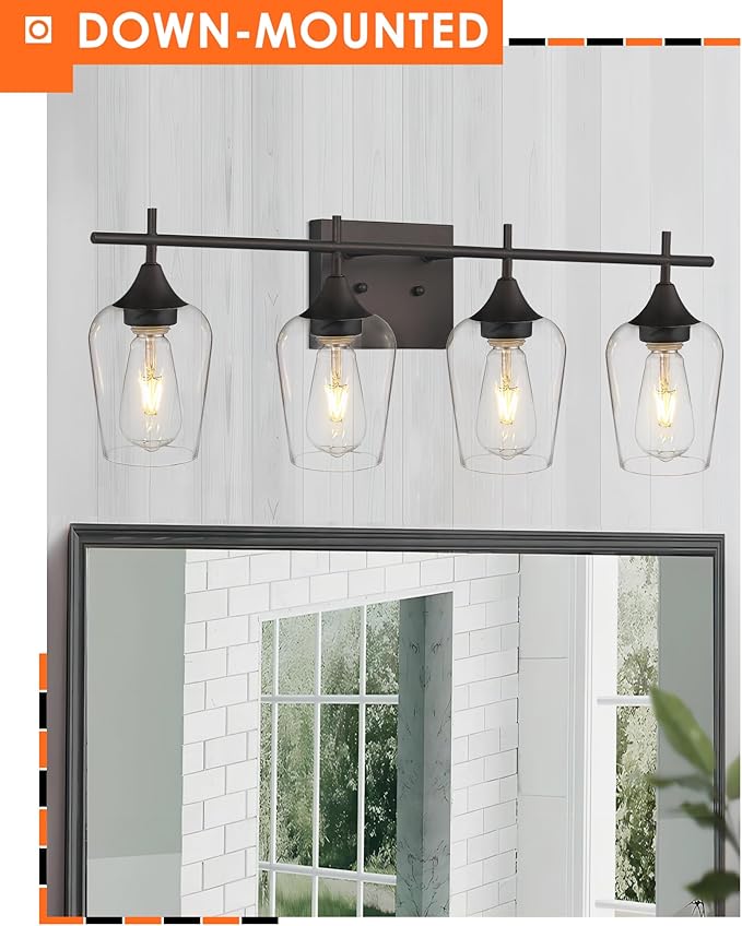 4 Light Bathroom Lighting Fixtures Over Mirror, 24 Inch Oil Rubbed Bronze Vanity Lights Farmhouse Rustic Bath Wall Light with Clear Glass, WL9167-4A