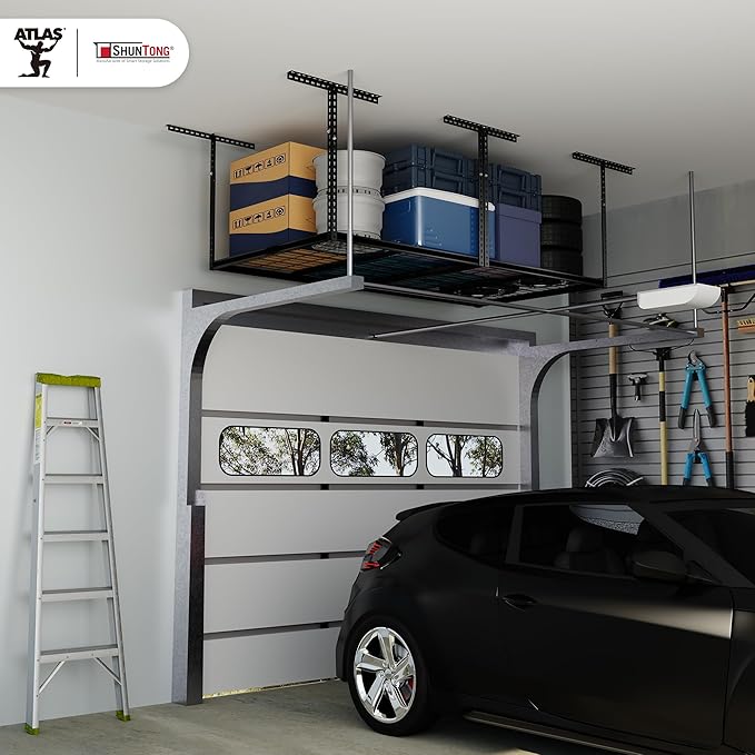 The Atlas Pro 4 x 8 ft Overhead Garage Storage Rack, Ultra Duty 1250lbs Weight Capacity, Adjustable Height 26"-48", Hammertone