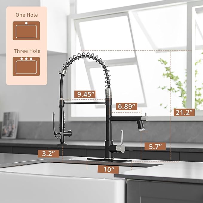 Fapully Kitchen Faucet, Black&Brushed Nickel Kitchen Faucet with Pull Down Sprayer, Commercial Kitchen Faucets with LED Light and Deck Plate
