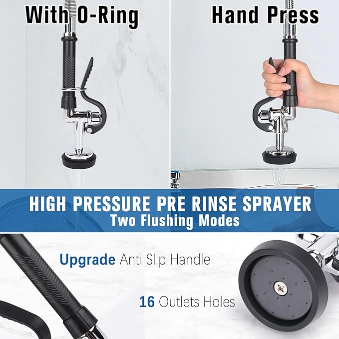 36" Height Commercial Sink Faucet Deck Mount with Pre-Rinse Sprayer, Commercial Kitchen Faucet with 10" Add-on Swing Spout Faucet & Spring Pull Down Sprayer, 8" Adjustable Center Kitchen Faucet