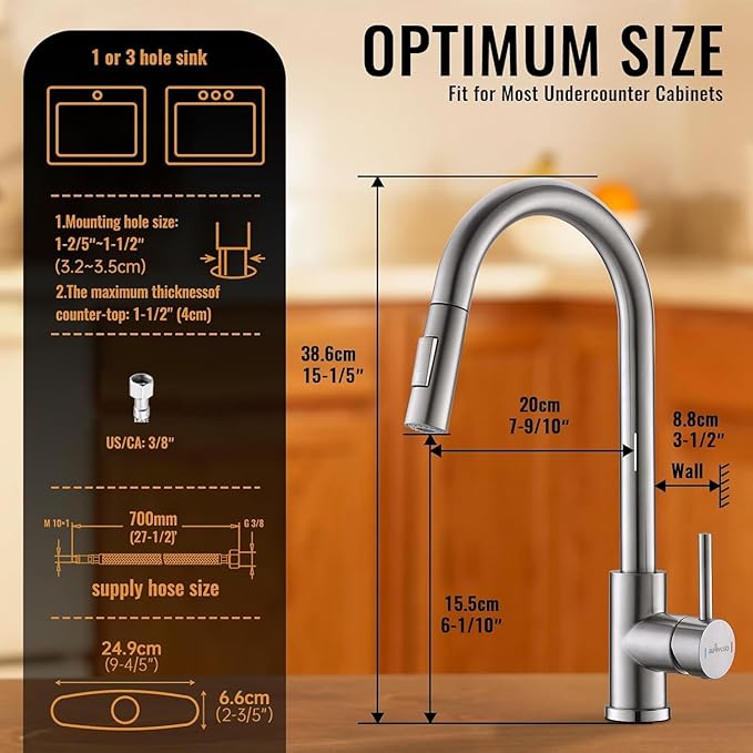 APPASO Kitchen Faucet with Pull Down Brushed Nickel, Single-Handle High Arc Swan-Neck Modern Kitchen Sink Faucet with Optional Deck Plate Stainless Steel