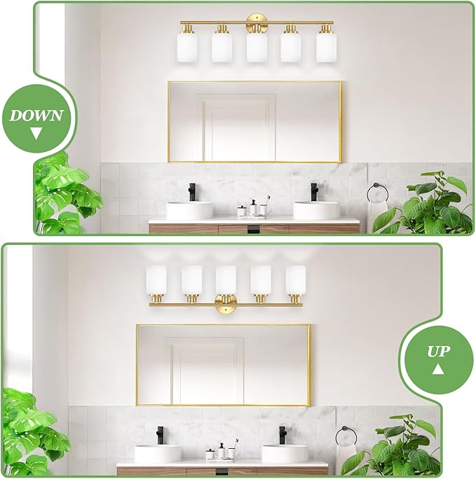 5-Light Vanity Lights, Brushed Gold Bathroom Light Fixture with Striped Textured Milky White Glass Shade, E26 Modern Vanity Lighting Fixture for Bathroom Wall Sconce Light Over Mirror