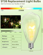 ST38 Replacement Bulbs 10-Pack - 7W E12 Candelabra Base Clear Glass Light Bulbs, Vintage Incandescent for Outdoor String Lights, Patio, Garden Decor