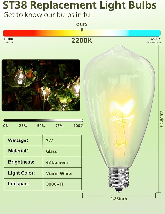 ST38 Replacement Bulbs 10-Pack - 7W E12 Candelabra Base Clear Glass Light Bulbs, Vintage Incandescent for Outdoor String Lights, Patio, Garden Decor